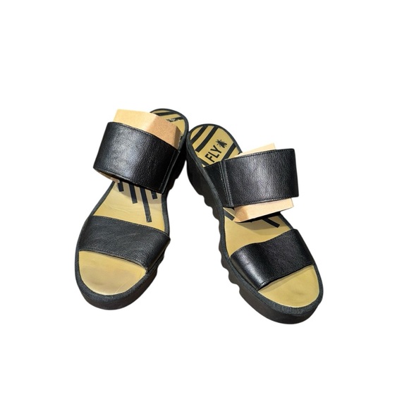 Fly London Shoes - Fly London Black Leather Slide Sandals • Comfortable Wedge Sole Size 40 US 9-9.5